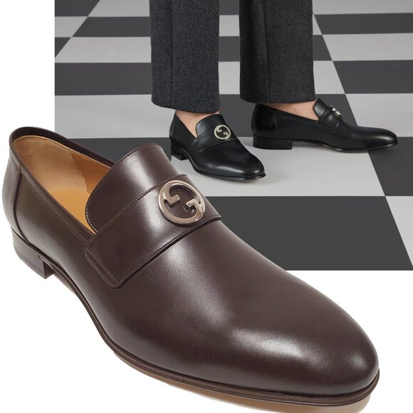 GUCCI SHOES MENS INTERLOCKING G LOGO PLAQUE BROWN LEATHER LOAFERS sz 12.5 / 13 U